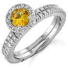   18Kt White Gold Golden Yellow Sapphire and Diamond Wedding Ring Set