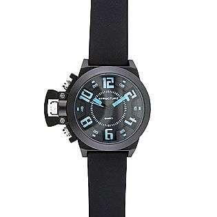 Mens Watch w/Round Black Case, Black Dial and Black Leather Band 