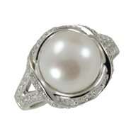 Sterling Silver 10.5 11mm Freshwater Pearl & Cubic Zirconia Ring (size 