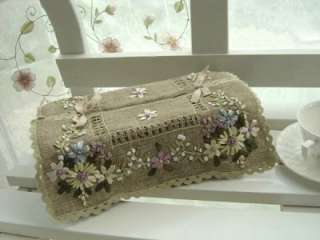 Silk Ribbon Embroidered Flowers Lace Tissue Box Cover B  