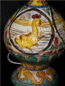 ANTIQUE HAND PAINTED MAJOLICA POTTERY DOLPHIN LAMP  