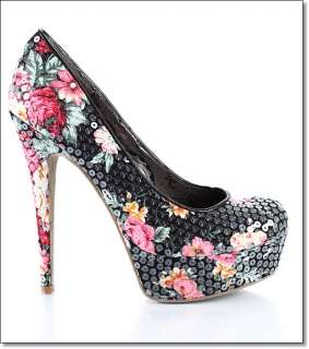 Womens Shoes DOLLHOUSE Floral Sequin Round Toe Black  