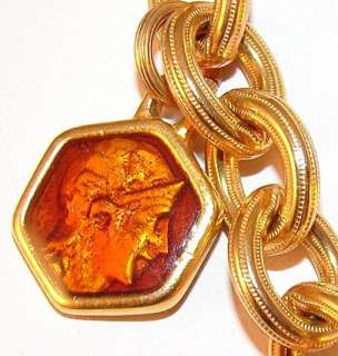   Gold Robert Rose BIG CHUNKY Enamel Cameo & Lion Charm Necklace  