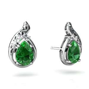    14K White Gold Pear Created Emerald Filligree Earrings Jewelry