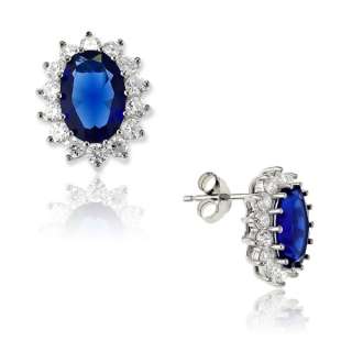 Princess Diana Sterling Silver Oval Blue CZ Earrings  