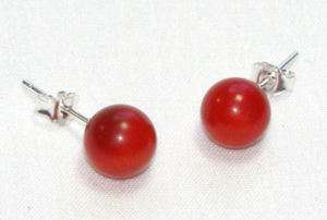 Red Coral Stud Earrings Round Ball Size 8mm 925 Posts  