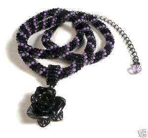 Necklace seed beads tubular peyote Gothic black rose  
