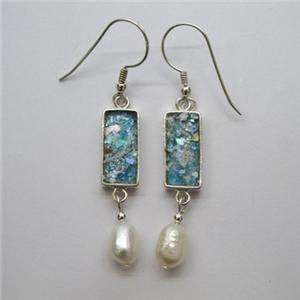Unique sterling silver roman glass earrings pearls dangling jewellery 