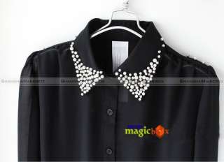 Women Fashion Vintage Chiffon Leopard Collar Shirt Top Black White New 