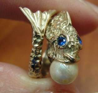   14K YELLOW GOLD LADIES PEARL SAPPHIRE DOLPHIN PINKY RING  