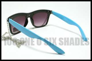   Silver Chain Thick Horn Rimmed Sunglasses BLACK and BLUE 80s Retro