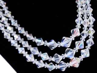 Vintage Aurora Borealis Crystal Necklace Triple Strand 1950S  
