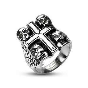  Polished Stainless Steel Biker Ring With Four Death Skulls and Cross