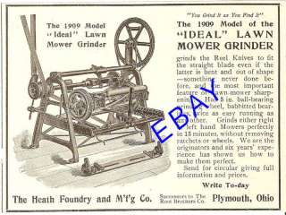 1909 HEATH IDEAL LAWN MOWER GRINDER AD PLYMOUTH OHIO  