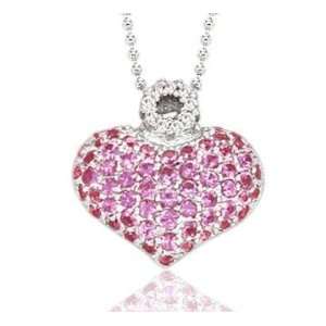  14k White Gold Pink Sapphire Pave Diamond Heart Necklace Jewelry