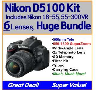 Nikon D5100 6 Lens Package Kit 18 55mm VR 55 300mm VR 500mm 650 1300 