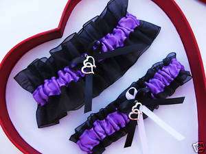 Double Heart Wedding Garter Set Purple / Black   Prom  
