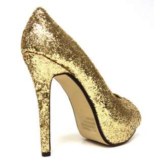 stunning peep toe Gold Glitter 5 1/4 inch heel platform court shoe 