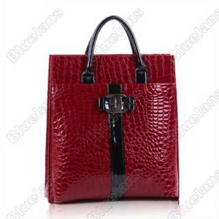 Korean Womens Faux Crocodile Patent Leather Tote Shoulder Bag Handbag 