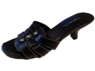 Womens Black Leather Kitten Heels Sandals metal studs  