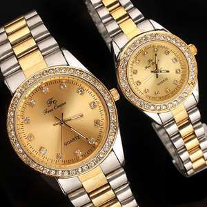   Lover Crystal Bezel Gold Dial Stainless Quartz Watches NA16  