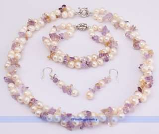 Ametrine & White Pearl Necklace Earrings Bracelet Set  