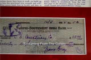 Zane Grey Hand Signed Check Autographed Matted Display Author  