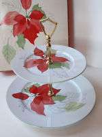 Vintage Block Poinsettia China 2 Tier Serving Tray Gold  