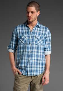 VINCE Roll Sleeve Duo Layered Utility Plaid Shirt in Multi Blue at 