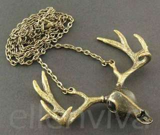 BIG Awesome 3 inch Elk Skull Animal Long Necklace Vintage Gold Tone 
