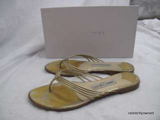 Jimmy Choo Gold Leather Strappy Thong Sandals 37  