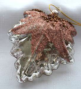 Distressed Silver and Copper Glitter Leaf Glass Christmas Ornament NEW 
