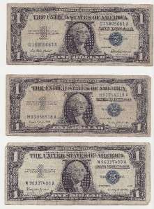 1957 A B 3  $1 Bills United States One Dollar Note Silver Certificate 