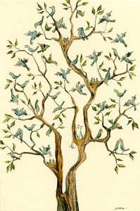 4x6 PRINT   The Bird Tree   cat, pets, tree, blue birds  