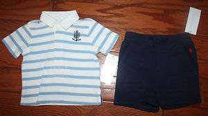 NWT Ralph Lauren 2pc White/blue Striped Polo Shirt + Blue Shorts Set 3 