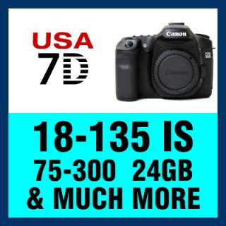 USA Canon Model EOS 7D + 5 Lens SLR Kit 18 135 IS, 75 300, 50mm 