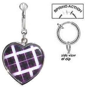 Fake Belly Navel Non Clip on Purple Black White Plaid Heart dangle 