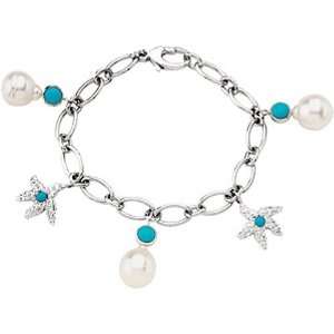   White Gold South Sea Cultured Pearl and Turquoise Bracelet Jewelry