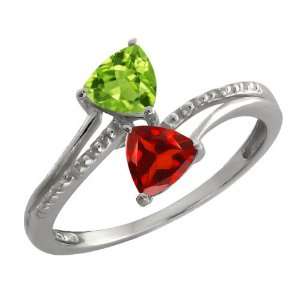  1.02 Ct Trillion Green Peridot and Red Garnet 14k White 