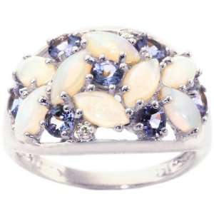   Round Gemstone Cluster Ring with Diamonds Multi Opal Tanzanite, size5