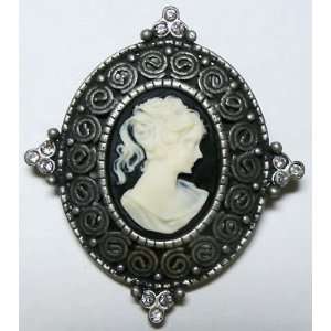  Pin Lady Cameo,Black & Ivory Antique Silver w/Crystals 