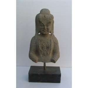  one Carved Stone Buddha Bust with Marble stand, Chinese Antique 