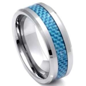 Tungsten Carbide Light Blue Aquamarine Carbon Fiber Wedding Band Ring 