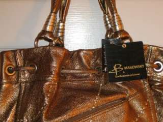 Makowsky Martina Drawstring Shopper Tote Dark Gold Leather Handbag 