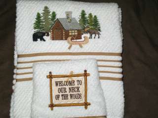   Cabin Scene Bear and Moose White Quick Dri Bath Towel Set  