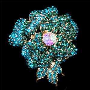Rose Flower Brooch Pin Blue Swarovski Crystal Pendent Floral  