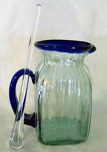 Mexican Glass Juice/ Water Pitcher with Cobalt Blue Trim  