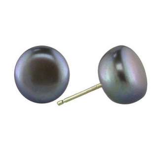 10–11mm Freshwater Black Pearl Button Earrings with 14K Yellow Gold 