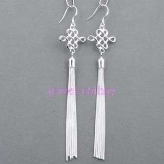 silver plated traditional chinese knot long chain bead dangle earrings