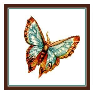 Colorful Aqua Tan Butterfly Counted Cross Stitch Chart  